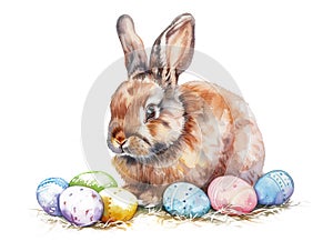 Ai Generated Watercolor Painting Of Easter Baby Bunny Rabbit and Easter Eggs in Pastel Colors Isolated On White Background