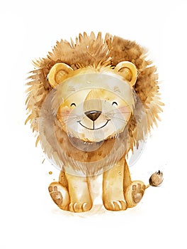 Ai Generated Watercolor Painting Of Sleepy Childish Happy Orange Lion Baby in Pastel Colors Isolated On White Background