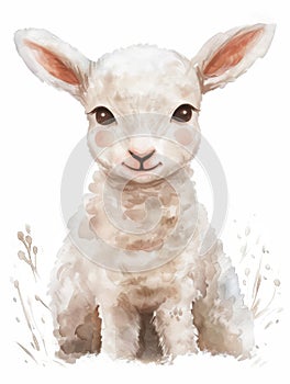 Ai Generated Watercolor Portrait Of Adorable Childish Baby Lamb Sheep in Pastel Colors Isolated On White Background