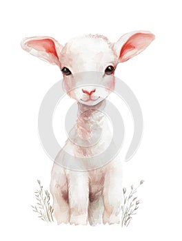 Ai Generated Watercolor Portrait Of Adorable Childish Lamb Sheep in Pastel Colors Isolated On White Background