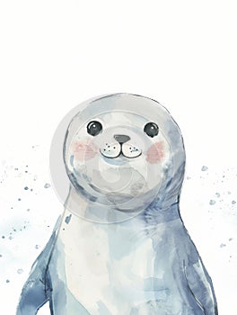 Ai Generated Watercolor Portrait Of a Cute Baby Seal in Pastel Colors Isolated On White Background