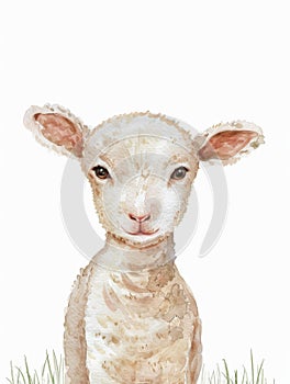 Ai Generated Watercolor Portrait Of Cute Childish Baby Lamb Sheep in Pastel Colors Isolated On White Background