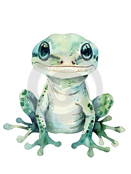 Ai Generated Watercolor Portrait Of Cute Childish Green Gecko Iguana in Pastel Colors Isolated On White Background