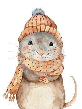 Ai Generated Watercolor Portrait Of Cute Childish Mouse In an Orange Hat and Scarf in Pastel Colors Isolated On White