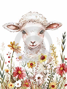 Ai Generated Watercolor Portrait Of Cute Childish Pink Baby Lamb Sheep in Pastel Colors Isolated On White Background