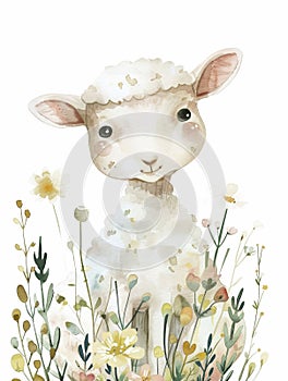 Ai Generated Watercolor Portrait Of Cute Childish White Baby Lamb in Pastel Colors Isolated On White Background