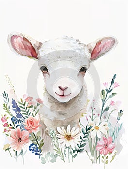 Ai Generated Watercolor Portrait Of Cute Childish White Baby Lamb Sheep in Pastel Colors Isolated On White Background