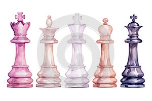 Ai generated watercolor set of chess pieces, king, queen, bishop, pawn, check and checkmate, composition, isolated on white.