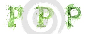 Ai Generated Watercolor Set of Multiple Different Pastel Sage Green Capital P Letters On a White Background