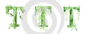 Ai Generated Watercolor Set of Multiple Different Pastel Sage Green Capital T Letters On a White Background