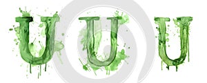 Ai Generated Watercolor Set of Multiple Different Pastel Sage Green Capital U Letters On a White Background