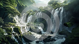 AI generated waterfall cascading over a large boulder surrounded by lush green trees