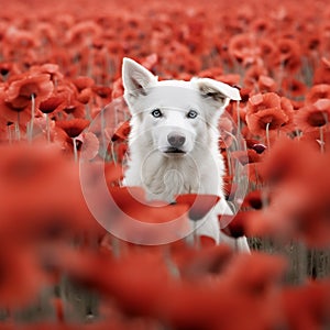 ai generated white dog in red poppy flowers