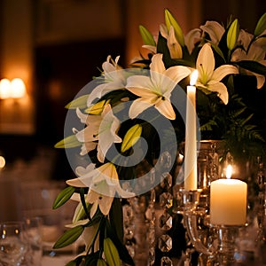 AI Generated: White Lilies and Candles in a Crystal Candelabra photo