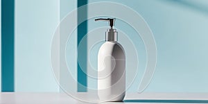 A white plastic bottle with a pump on a blue background.