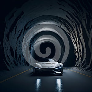 Ai generated a white sports car speeding through a dark tunnel