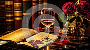 AI Generated Wine and Literature Still Life with Glass, Rose, and Book