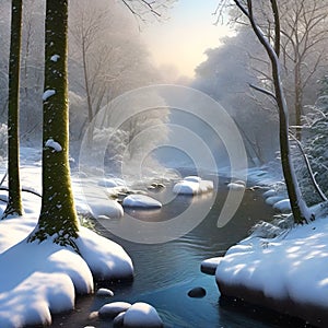 AI generated winterscape consisting of snowclad trees and a water stream flowing through a jungle