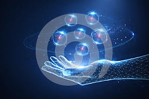 AI generated wireframe digital hand controlling glowing data orbs representing artificial intelligence data science virtual