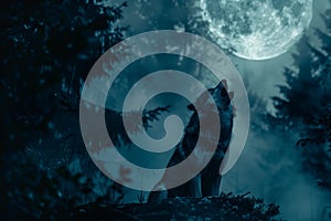 Wolf howling at the full moon in a misty forest.