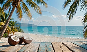 A table with three coconuts on it.