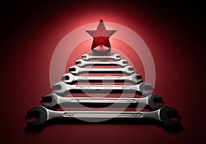 AI generated. Wrench Christmas Tree with Red Star on Red Background