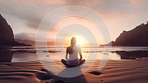 AI Generated Yoga Peace A Peaceful and Solitary Photo of a Figure Practicing Yoga on a Quiet Beach at Sunrise