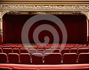 Ai generatedn empty theater with red seats and a red curtain