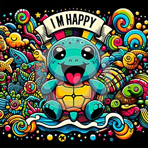 Ai generates a funny design of crazy turtle, vibrant color, a text says & x22;I M Happy& x22;