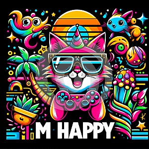 Ai generates a funny design of an gamer cat with vibrant color and a text says & x22;I M Happy& x22;