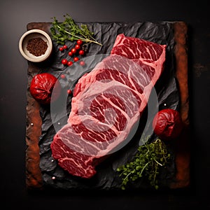 AI Generates Image of Delicious Fresh Juicy medium Beef Rib Eye steak slices in pan on wooden board with fork