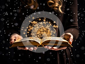 Ai generation. Man opened a magic book with growing lights and magic powder. Christmas reading concept.