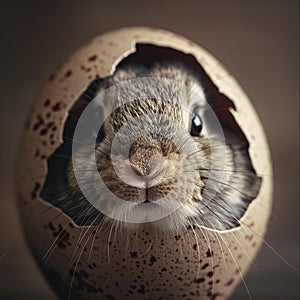 AI generation photography, nose of a rabbitt poking through a small hole in an egg