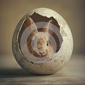 AI generation photography, nose of a rabbitt poking through a small hole in an egg