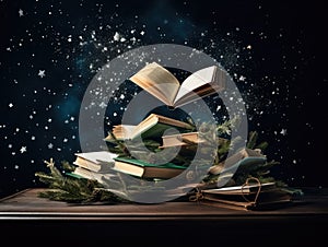 Ai generation. Stack of old books and flying books with golden pollen and Christmas tree branches on dark background