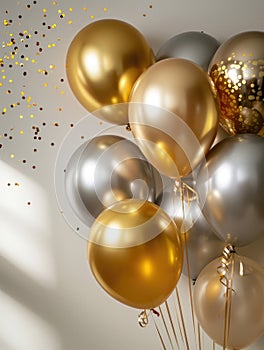 AI generation. White, black, gold and silver balloons and confetti on white background. Holiday and birthday concept.