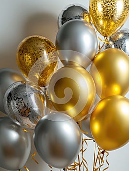 AI generation. White, black, gold and silver balloons and confetti on white background. Holiday and birthday concept.