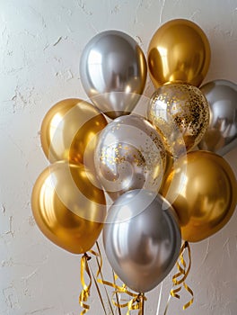 AI generation. White, black, gold and silver balloons and confetti on white background. Holiday and birthday concept.