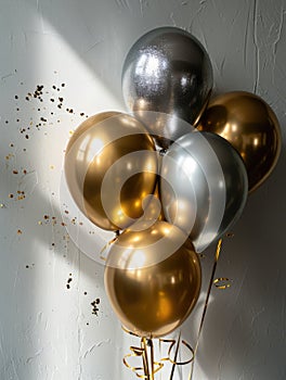 AI generation. White, black, gold and silver balloons and confetti on white background. Holiday and birthday concept.