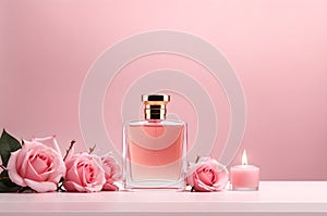 Ai generative aesthetics background design with pink blank parfume bottle and pink roses on clean pink background photo