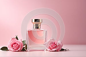 Ai generative aesthetics background design with pink blank parfume bottle and pink roses on clean pink background photo