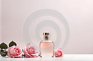 Ai generative aesthetics background design with pink blank parfume bottle and pink roses on clean pink background photo