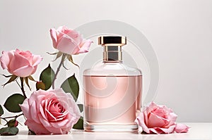 Ai generative aesthetics background design with pink blank parfume bottle and pink roses on clean pink background photo