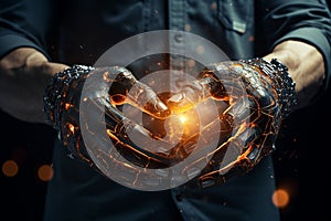 AI, Generative AI, Machine learning, Hand of robot touching on big data network system network, revolution of AI