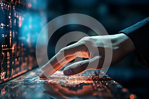AI, Generative AI, Machine learning, Hand of robot touching on big data network system network, revolution of AI