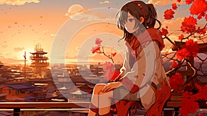 Ai generative anime illustration, teenager girl on a roof top