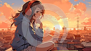 Ai generative anime illustration, teenager girl on a roof top