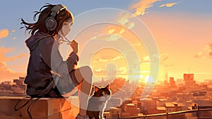 Ai generative anime illustration, teenager girl on a roof top