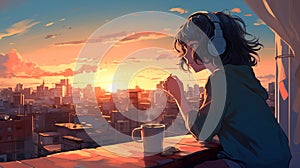 Ai generative anime illustration, teenager girl on a roof top