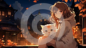 Ai generative anime pretty cat girl and her kitten